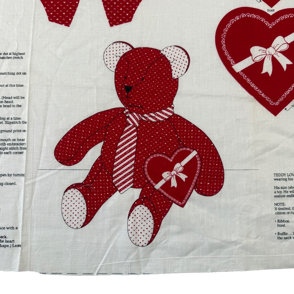 Vintage VIP Cranston Print Works Teddy Love Bear Fabric Panel DIY Sewing Kit Red